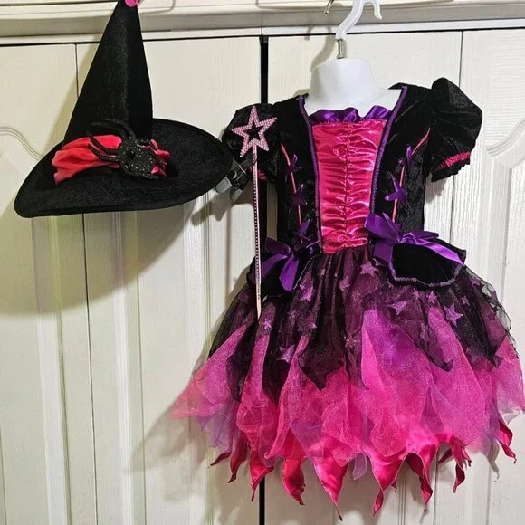 Sparkle Light-Up Witch Costume Girls 4-6 Hat Wand Pretty Pink Purple Sparkly - Picture 2 of 7